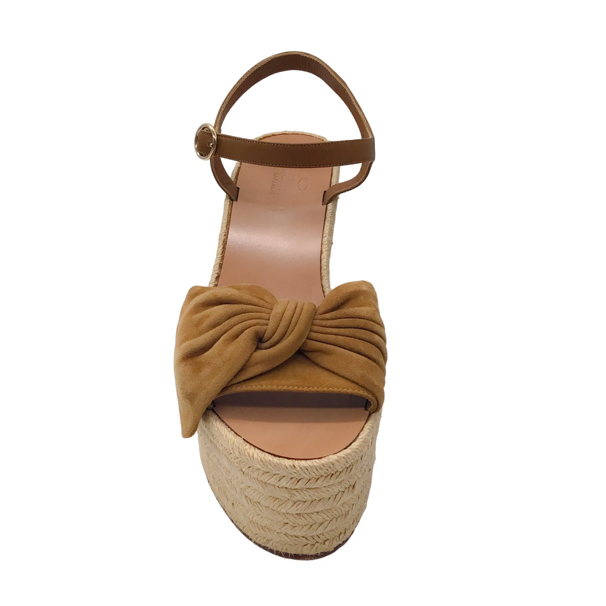 Valentino Ochre Brown Suede Calfskin Tropical Bow Espadrille Platform Wedge Sandals