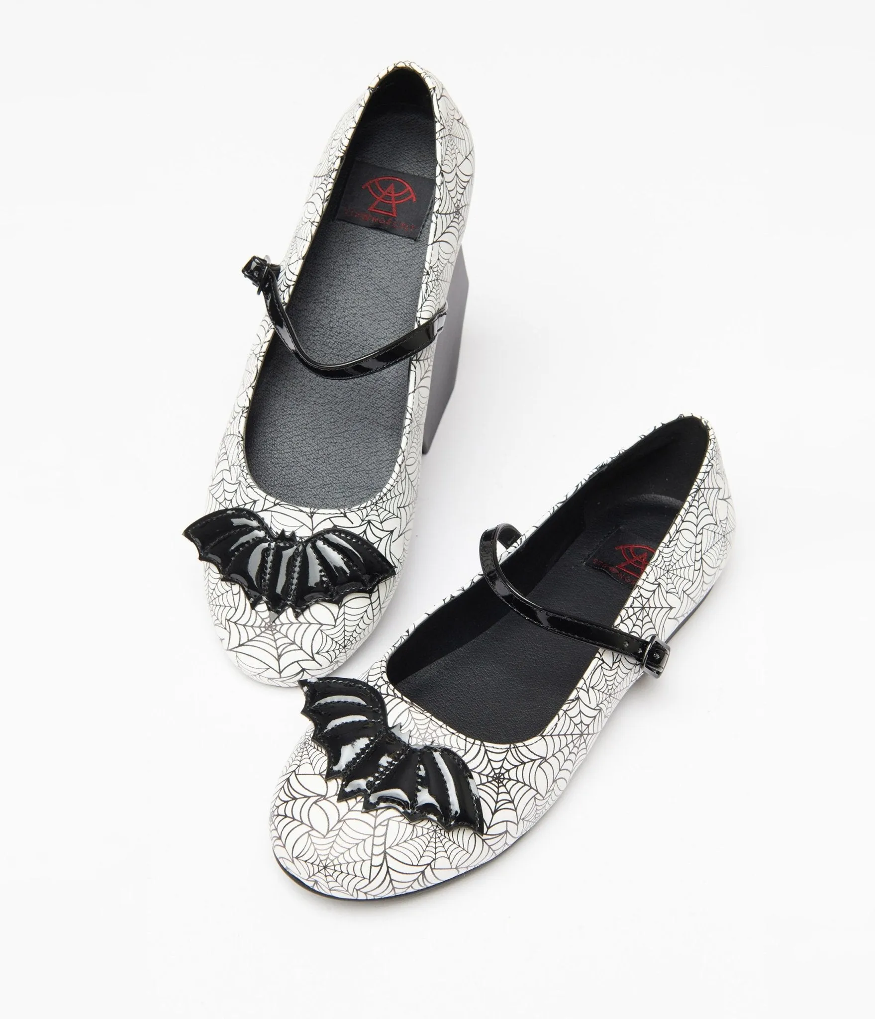 White & Black Bat Spiderweb Mary Jane Flats