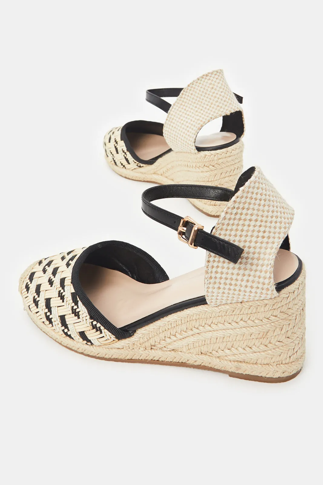 Women Beige And Black Espadrille Wedge