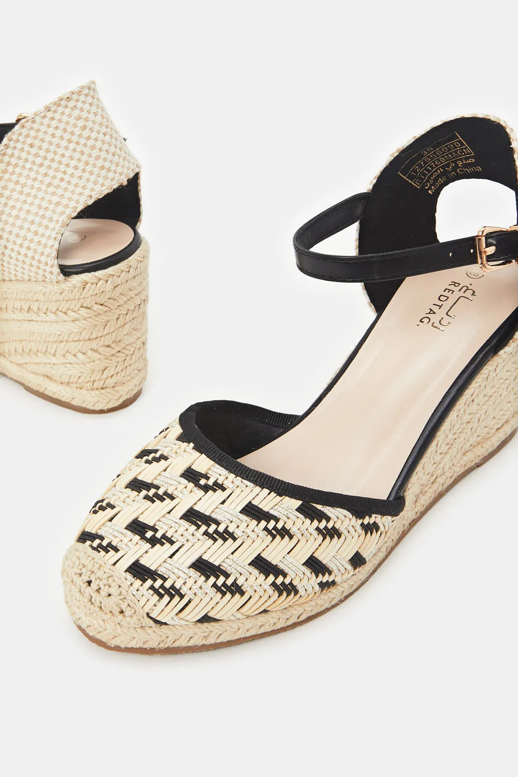 Women Beige And Black Espadrille Wedge