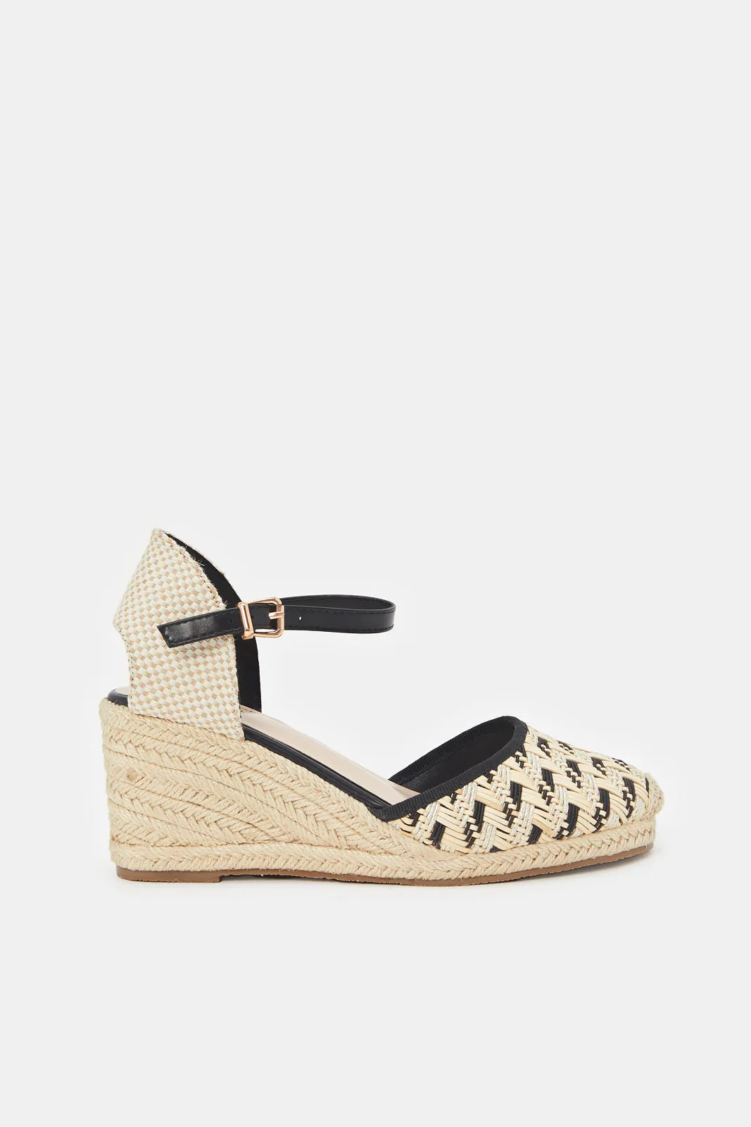 Women Beige And Black Espadrille Wedge