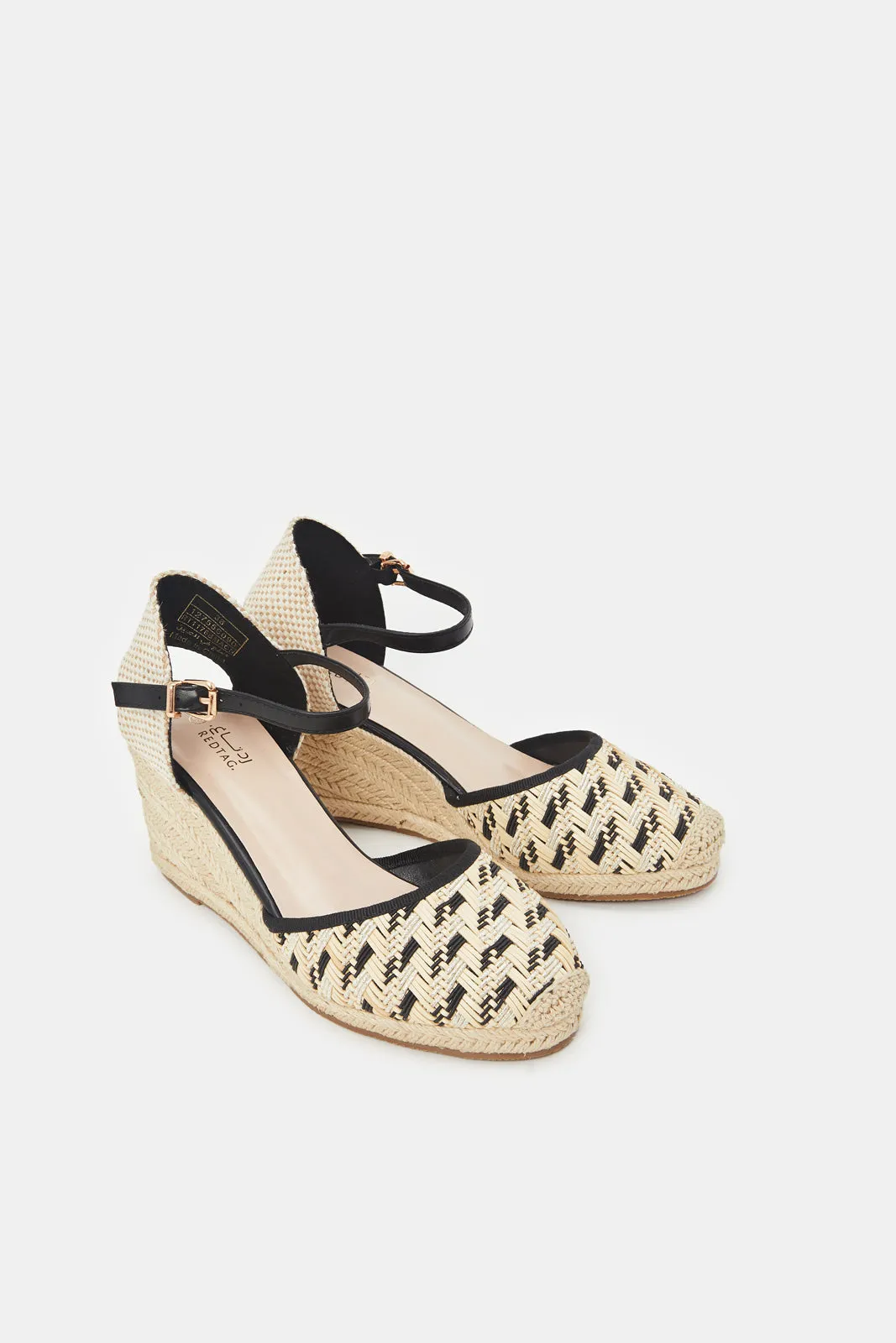 Women Beige And Black Espadrille Wedge