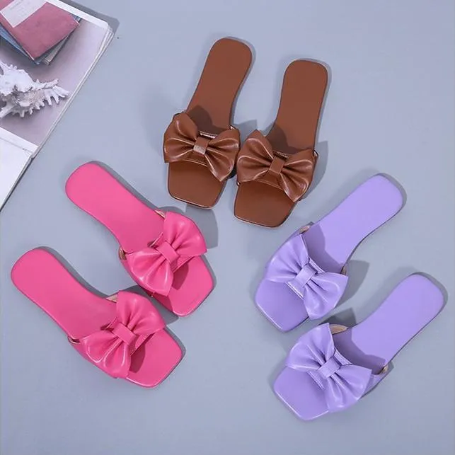 Women bow square open toe flat slide sandals