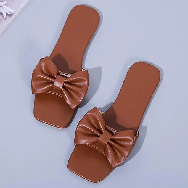 Women bow square open toe flat slide sandals