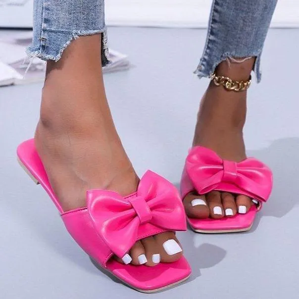 Women bow square open toe flat slide sandals