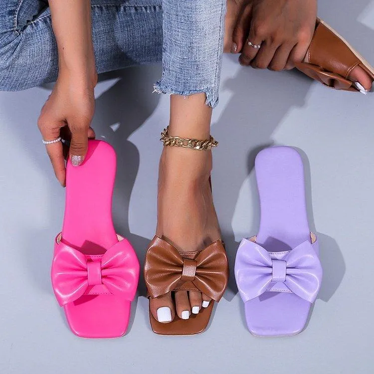 Women bow square open toe flat slide sandals