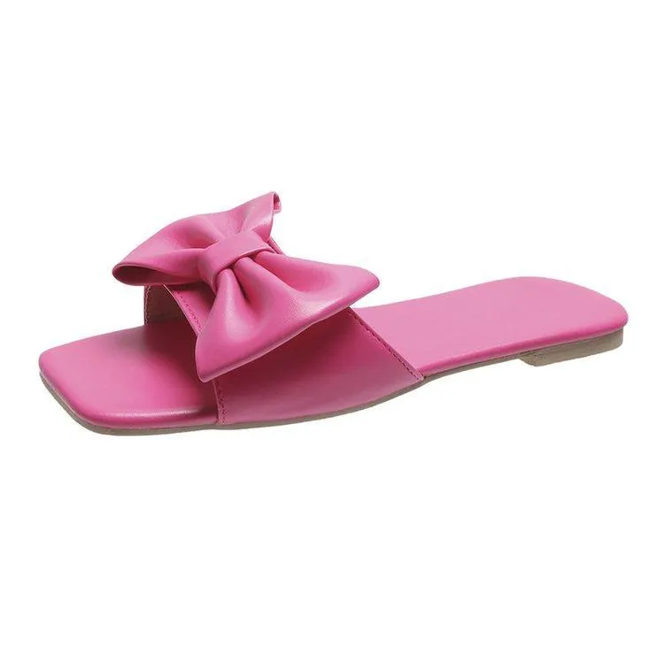 Women bow square open toe flat slide sandals