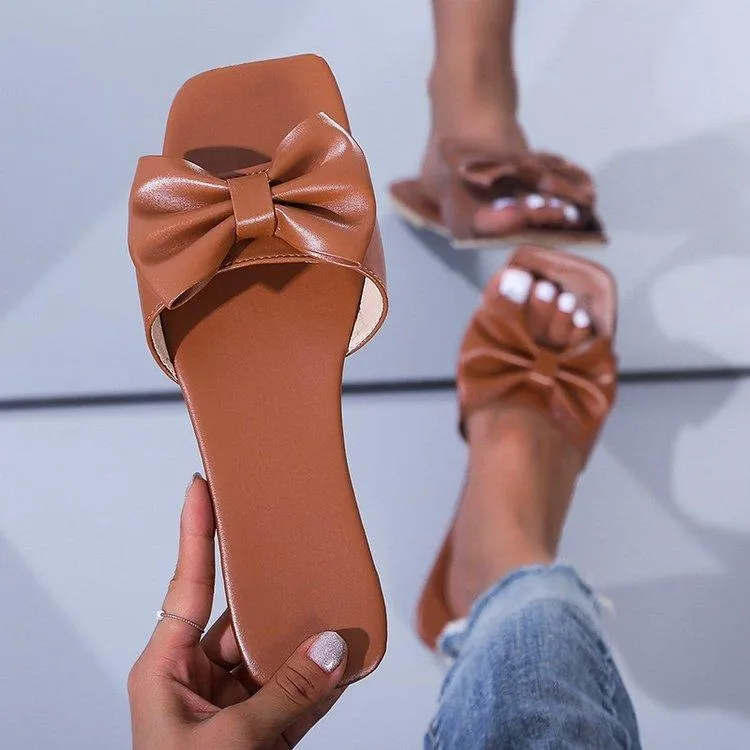 Women bow square open toe flat slide sandals