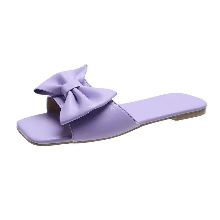 Women bow square open toe flat slide sandals