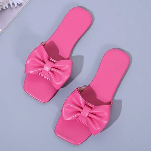 Women bow square open toe flat slide sandals