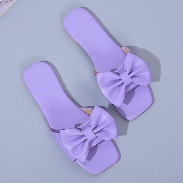 Women bow square open toe flat slide sandals