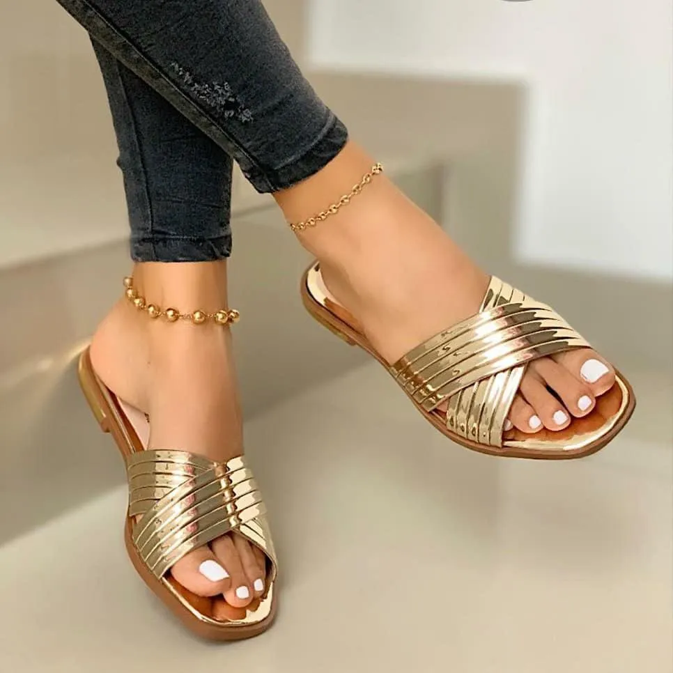 Women fashion sequin criss cross strap slide flat sandals