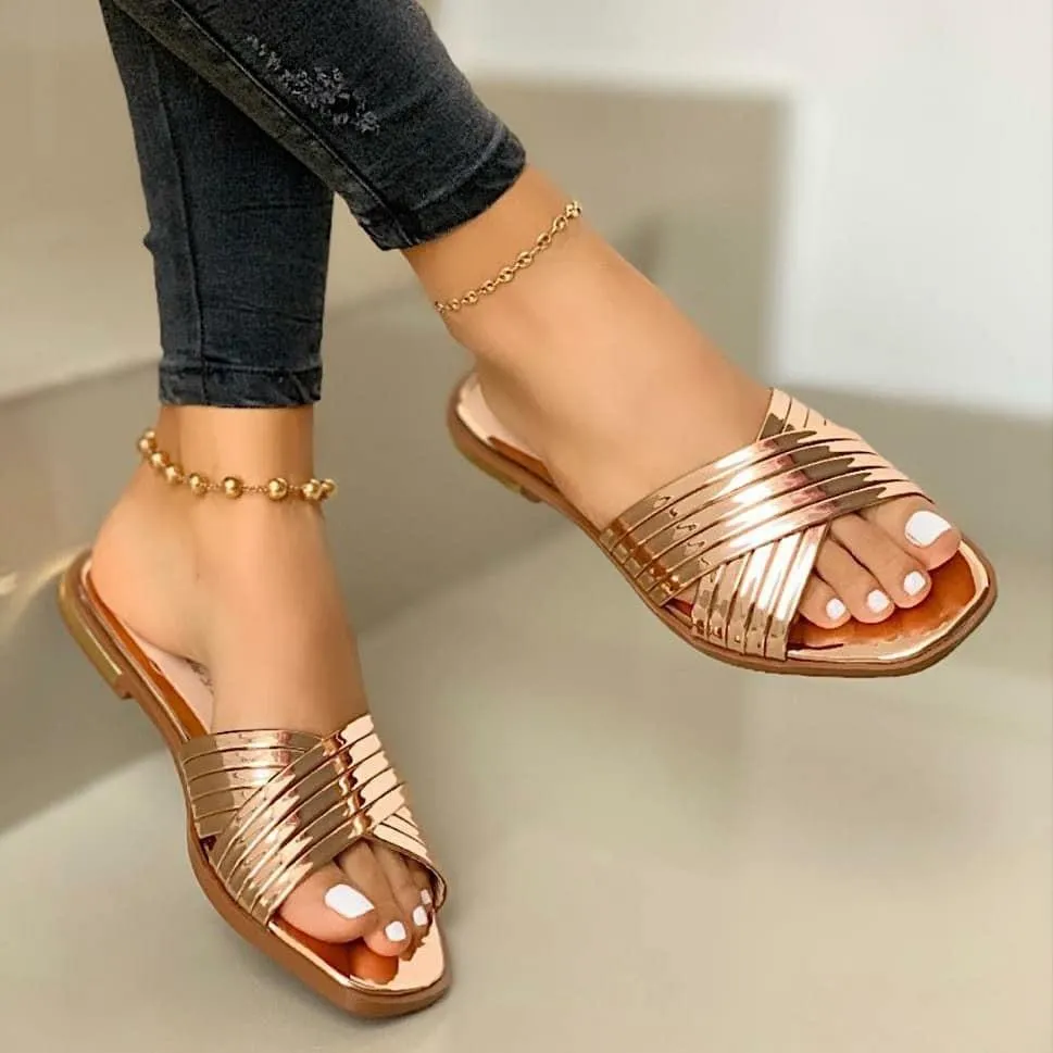 Women fashion sequin criss cross strap slide flat sandals