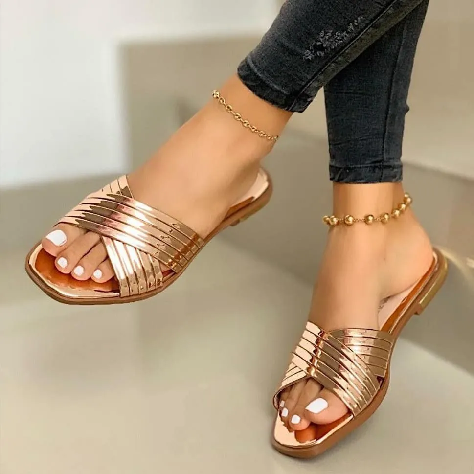 Women fashion sequin criss cross strap slide flat sandals