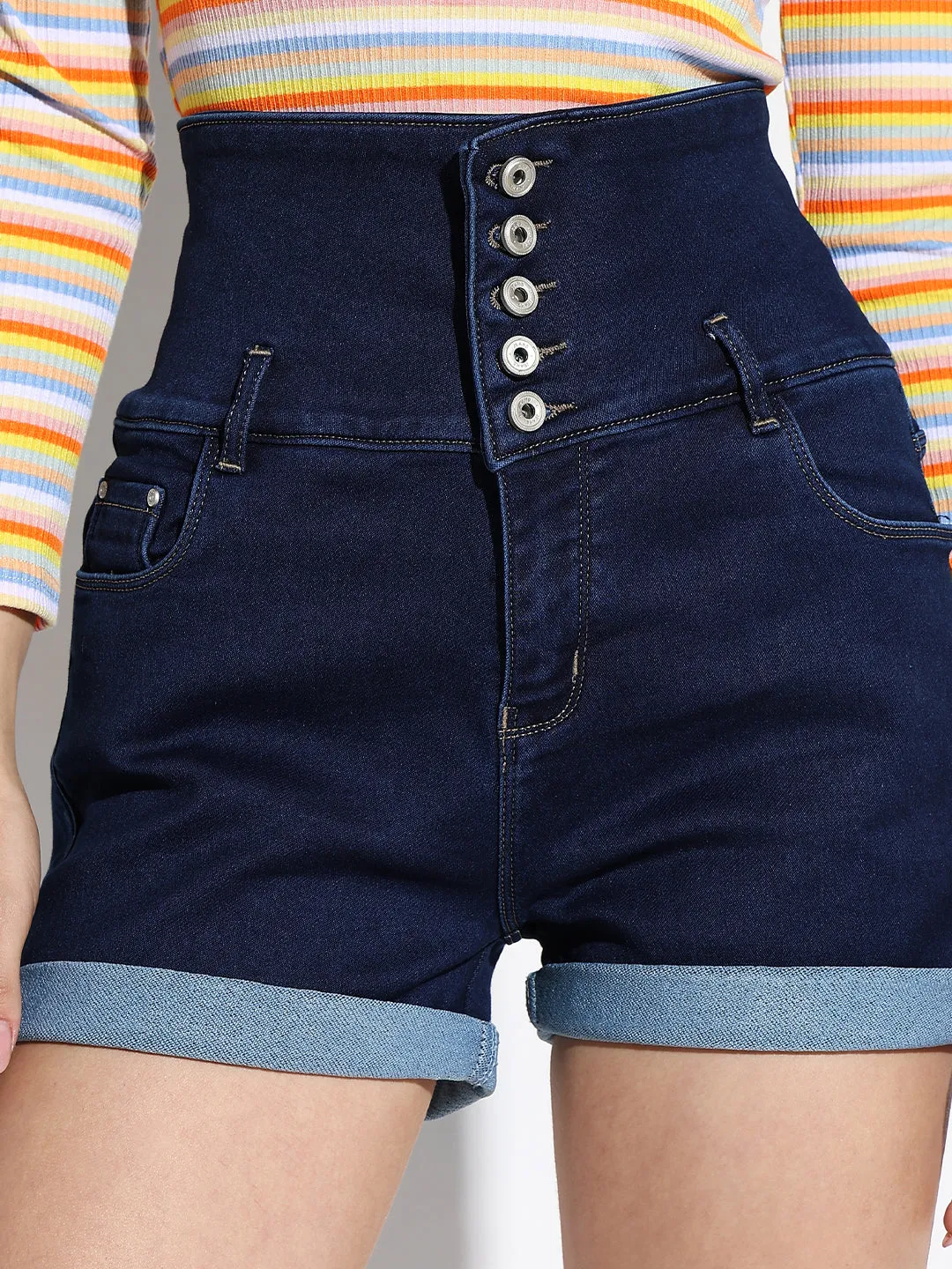 Women Solid Navy Blue Denim Shorts