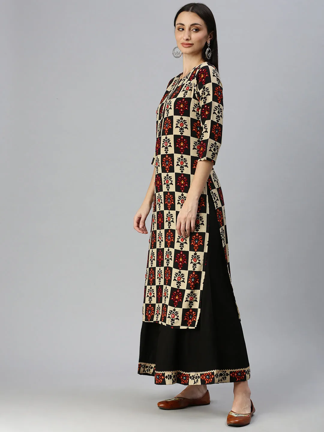 Women Straight Cream Printed Kurta and Palazzos