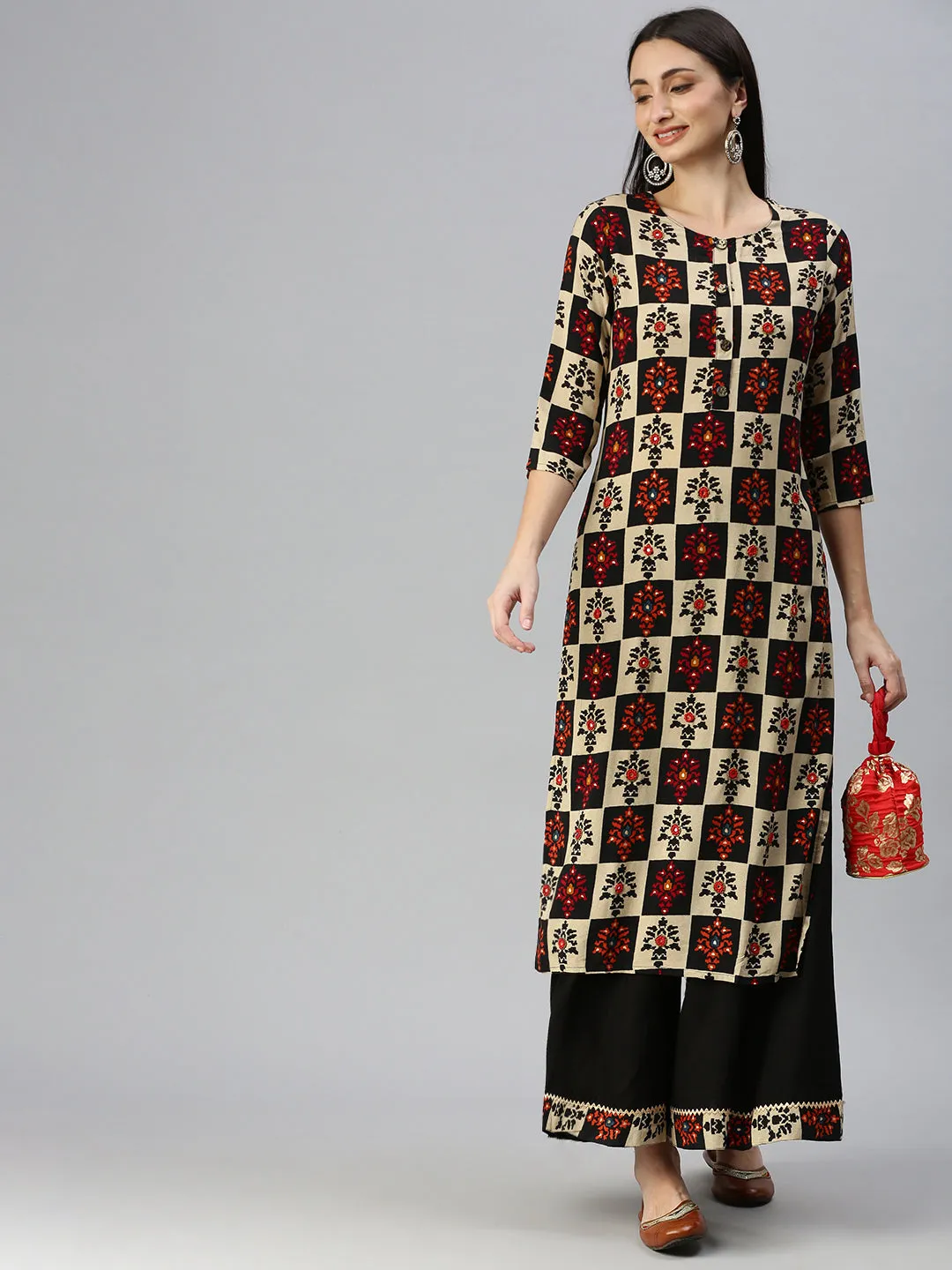 Women Straight Cream Printed Kurta and Palazzos