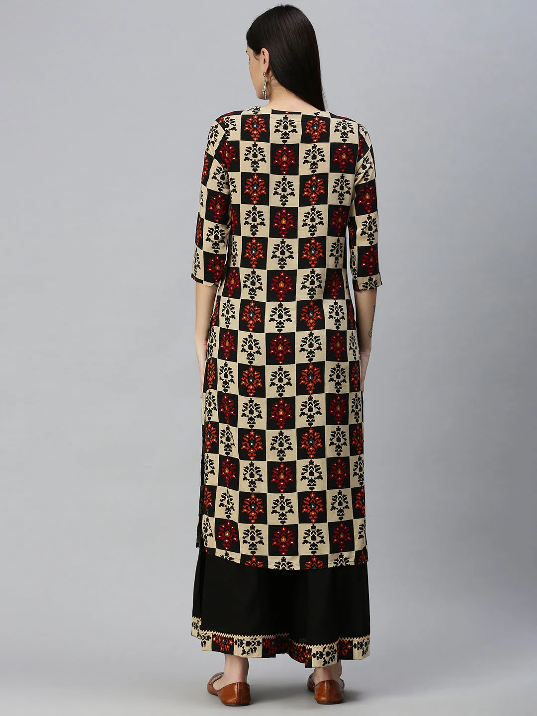 Women Straight Cream Printed Kurta and Palazzos