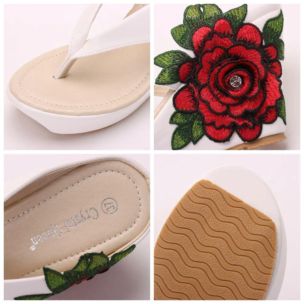 Women summer flower chunky 
platform clip toe espadrille wedge sandals