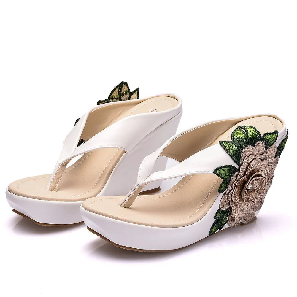 Women summer flower chunky 
platform clip toe espadrille wedge sandals