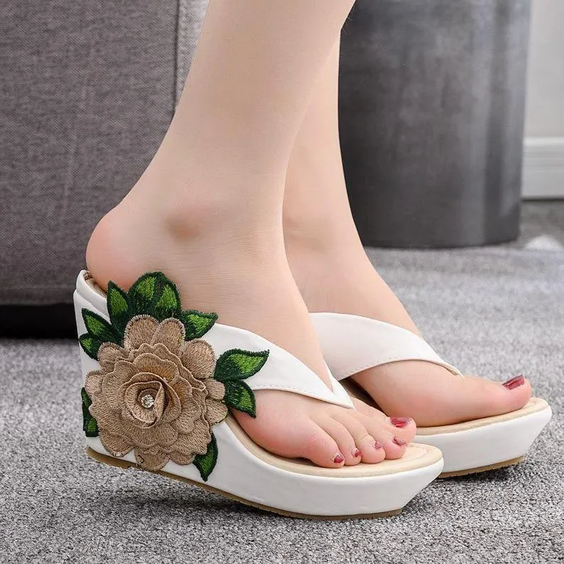 Women summer flower chunky 
platform clip toe espadrille wedge sandals