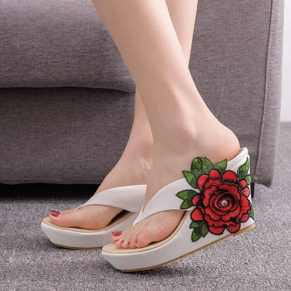 Women summer flower chunky 
platform clip toe espadrille wedge sandals