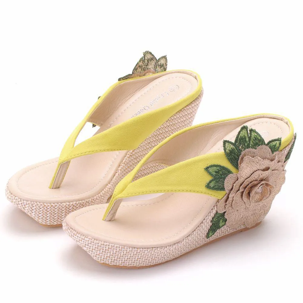 Women summer flower chunky 
platform clip toe espadrille wedge sandals