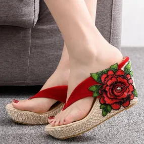 Women summer flower chunky 
platform clip toe espadrille wedge sandals