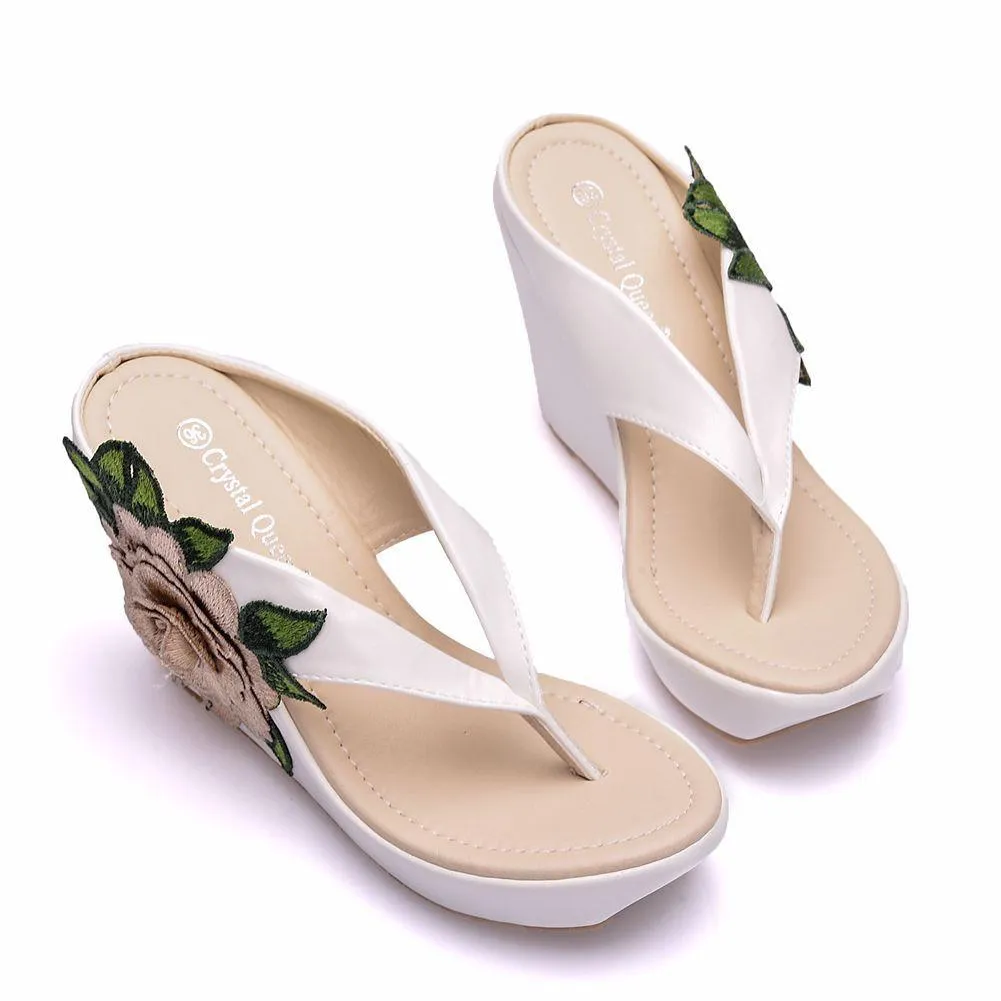 Women summer flower chunky 
platform clip toe espadrille wedge sandals