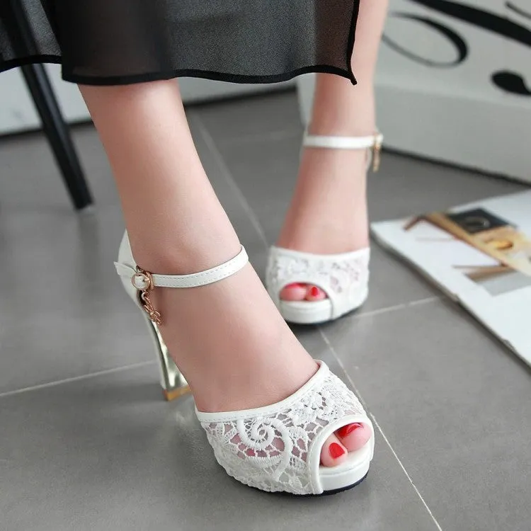 Women's Lace Ankle Strap Flora Mesh High Heel Platform Sandals