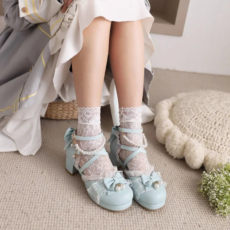 Women's Lolita Lace Butterfly Knot Pearls Beading Chunky Heel Platform Sandals