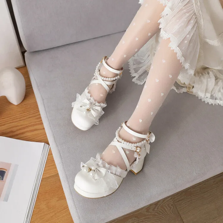 Women's Lolita Lace Butterfly Knot Pearls Beading Chunky Heel Platform Sandals