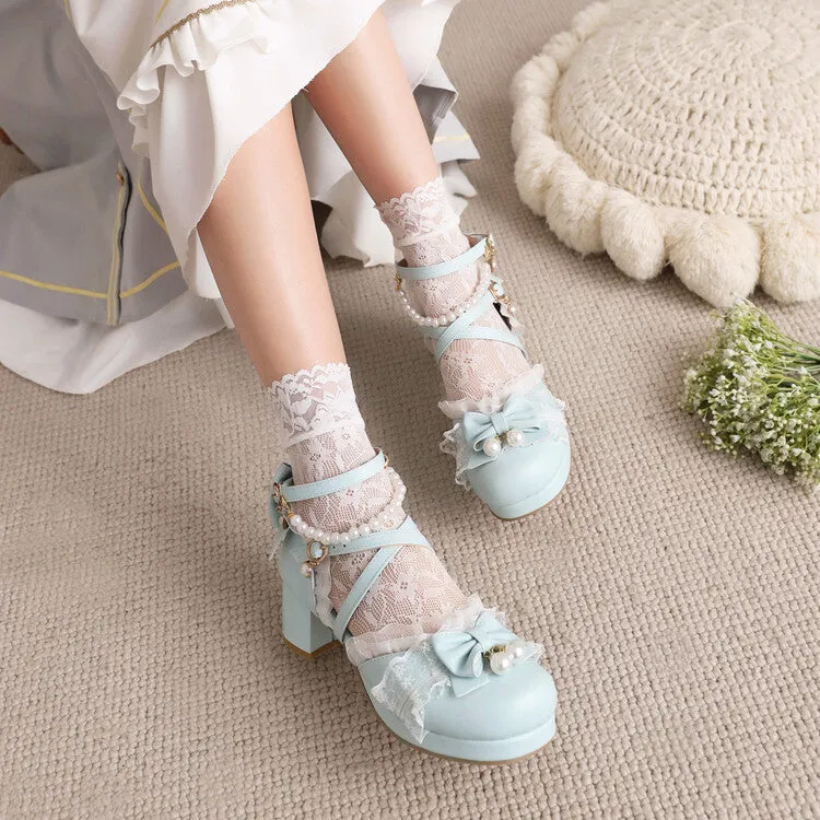 Women's Lolita Lace Butterfly Knot Pearls Beading Chunky Heel Platform Sandals