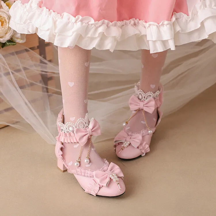 Women's Lolita Pearls Lace Bow Tie Block Heel Sandals