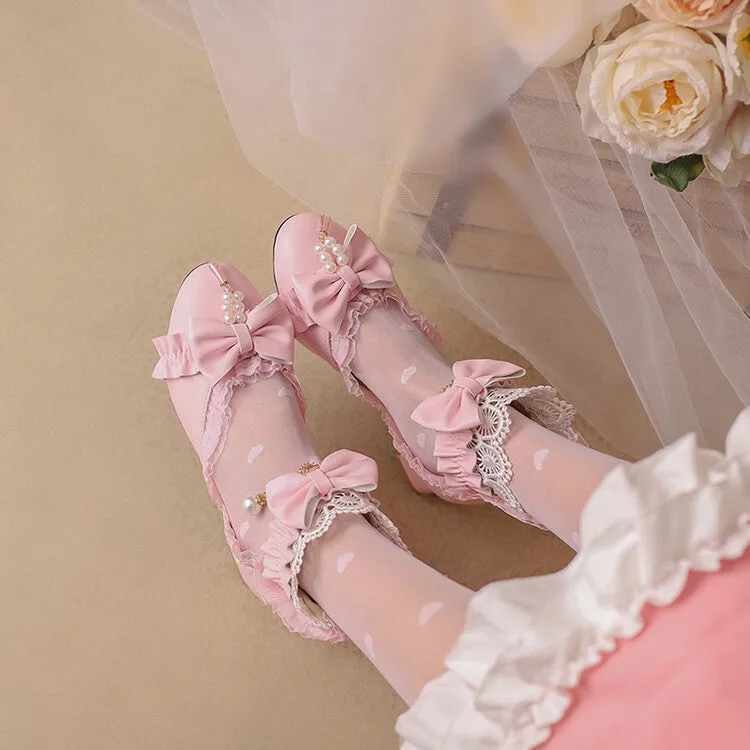 Women's Lolita Pearls Lace Bow Tie Block Heel Sandals