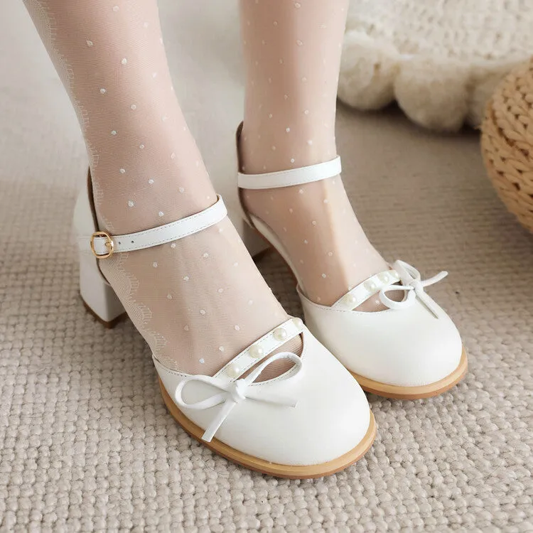 Women's Pearls Bow Tie Block Chunky Heel Sandals