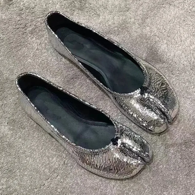 Womens Silver Satin Tabi Flat Horseshoe Granny Ballerina Shoes