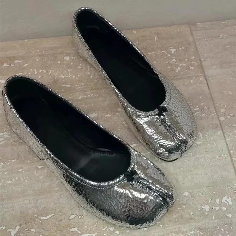 Womens Silver Satin Tabi Flat Horseshoe Granny Ballerina Shoes