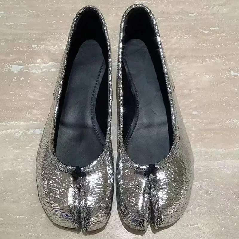 Womens Silver Satin Tabi Flat Horseshoe Granny Ballerina Shoes