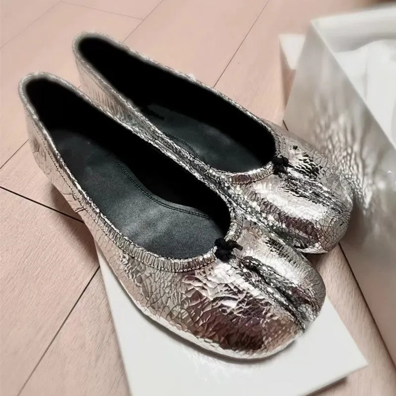 Womens Silver Satin Tabi Flat Horseshoe Granny Ballerina Shoes