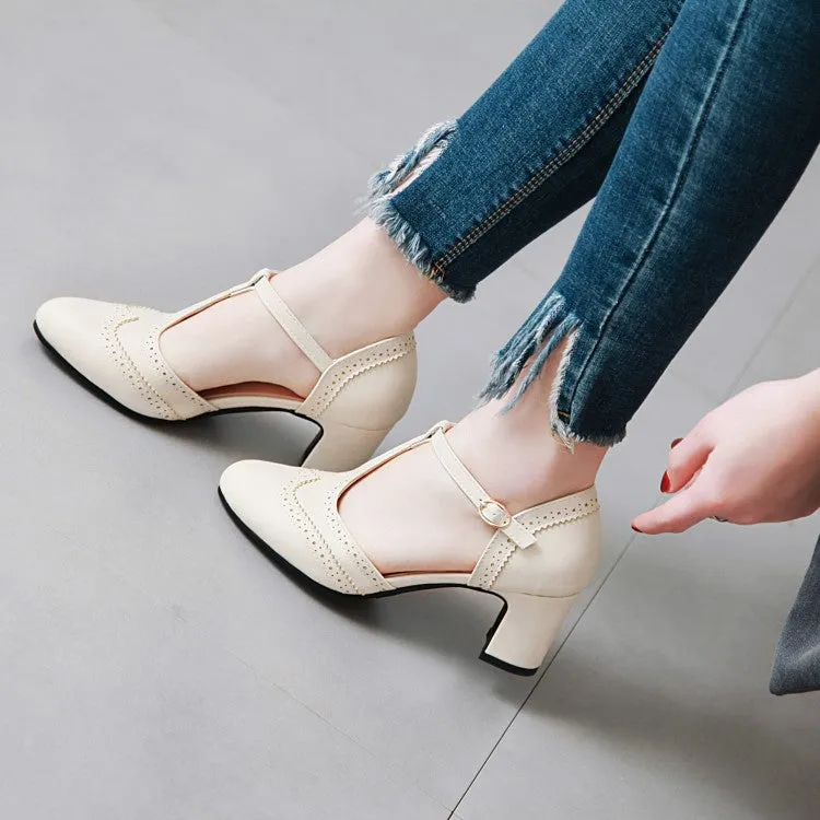 Women's Stitch T Strap Block Chunky Heel Sandals