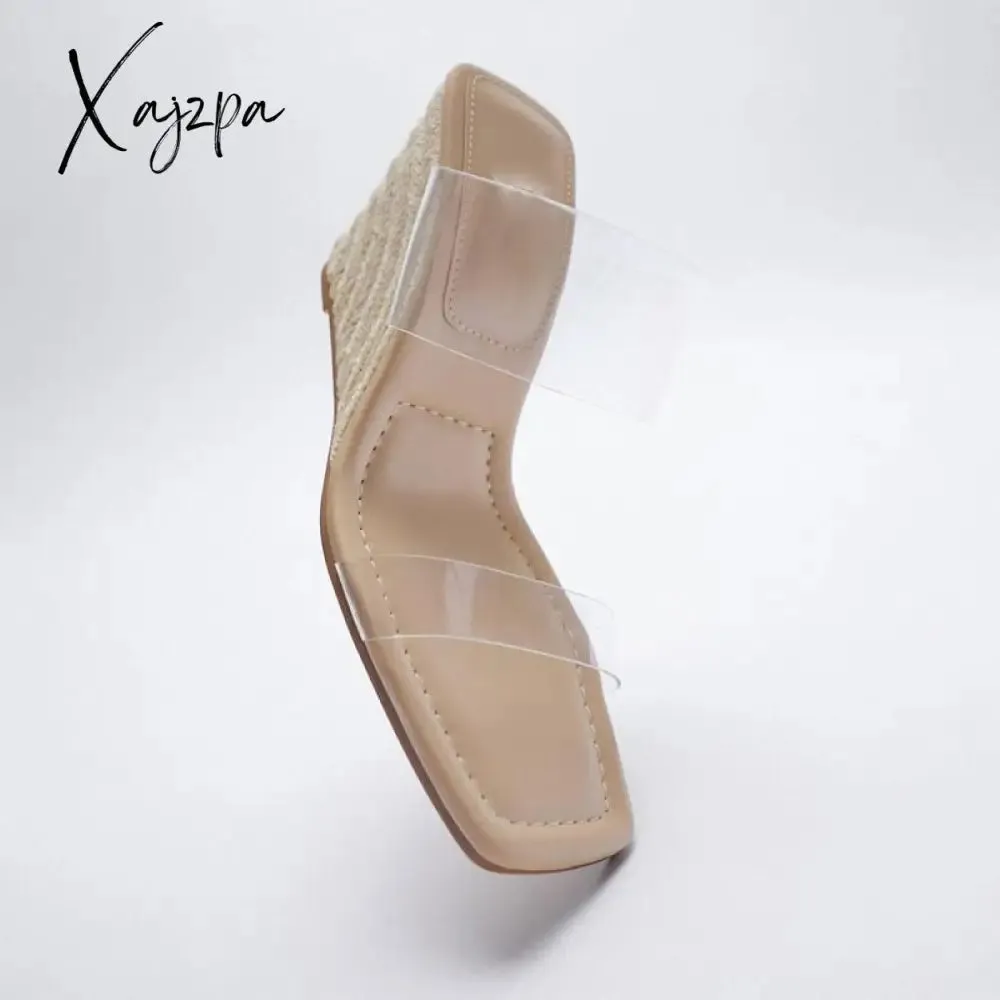 Xajzpa - Wedge Heels Sandals Woman Transparent Mirror Luxury Shoes 2023 Slingback Wedges Shoes for Women Elegant Clear Heeled