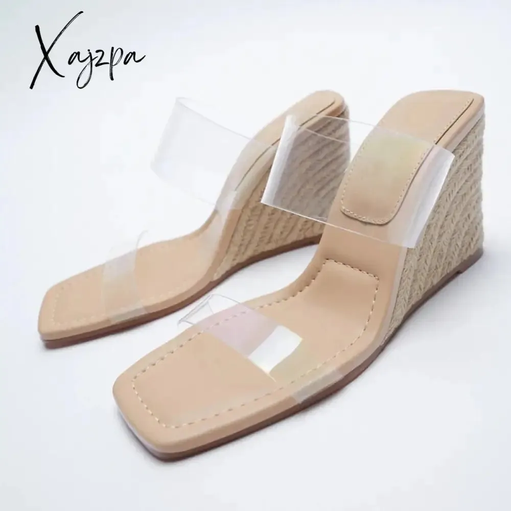 Xajzpa - Wedge Heels Sandals Woman Transparent Mirror Luxury Shoes 2023 Slingback Wedges Shoes for Women Elegant Clear Heeled