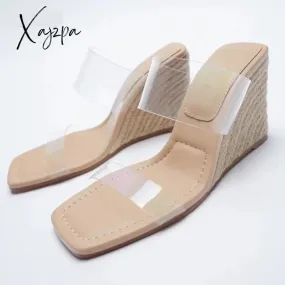 Xajzpa - Wedge Heels Sandals Woman Transparent Mirror Luxury Shoes 2023 Slingback Wedges Shoes for Women Elegant Clear Heeled